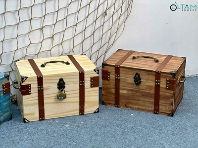 Rương gỗ viền da đinh tán 3 quai [03 Màu - Tặng ổ khóa] KT30x20x18cm RUONG-GO-04
